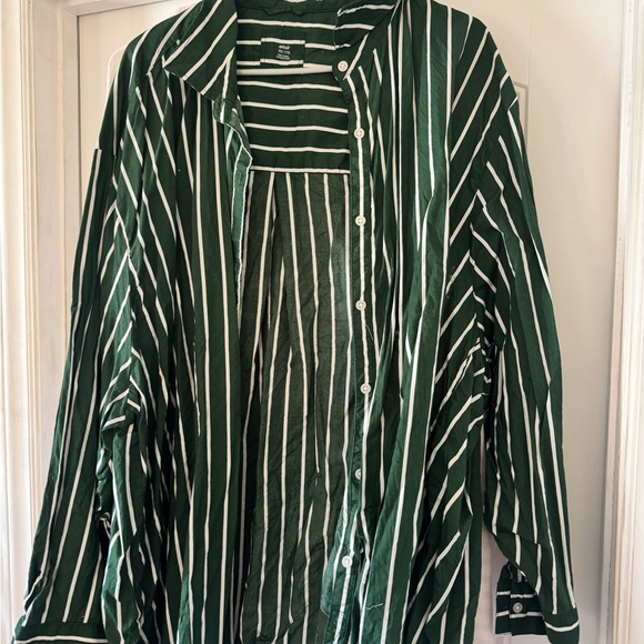 aerie Tops - aerie Green and White Striped Casual Button-Up
